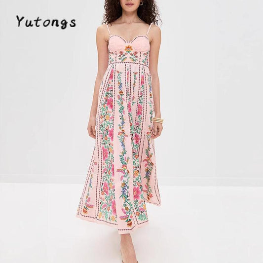 #Tiktokshopbacktoschool Women'S Summer Long Cami Dress Sleeveless Flower Print Spaghetti Strap Beach Dress