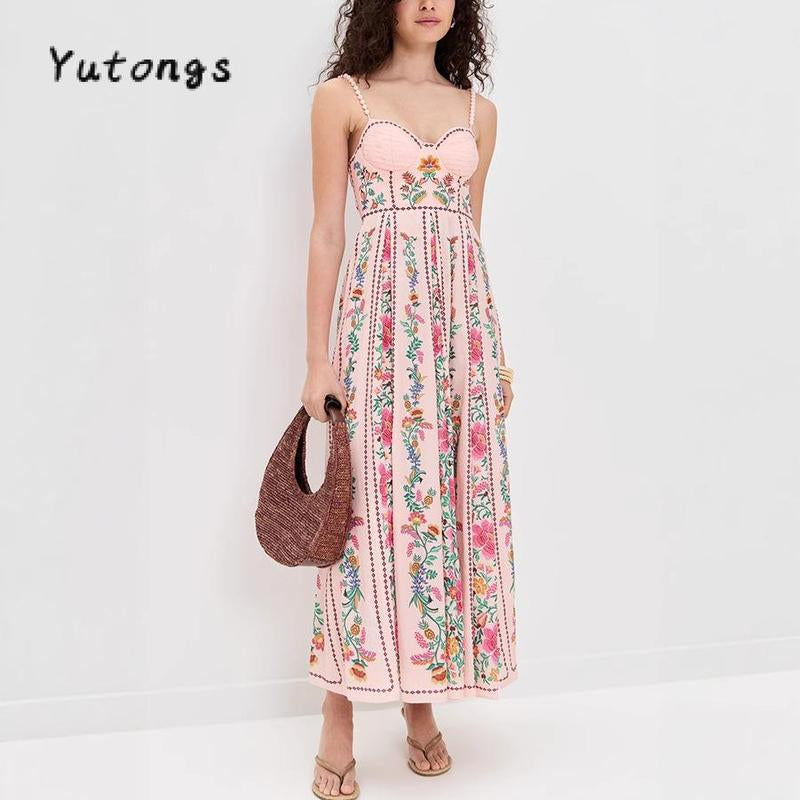 #Tiktokshopbacktoschool Women'S Summer Long Cami Dress Sleeveless Flower Print Spaghetti Strap Beach Dress