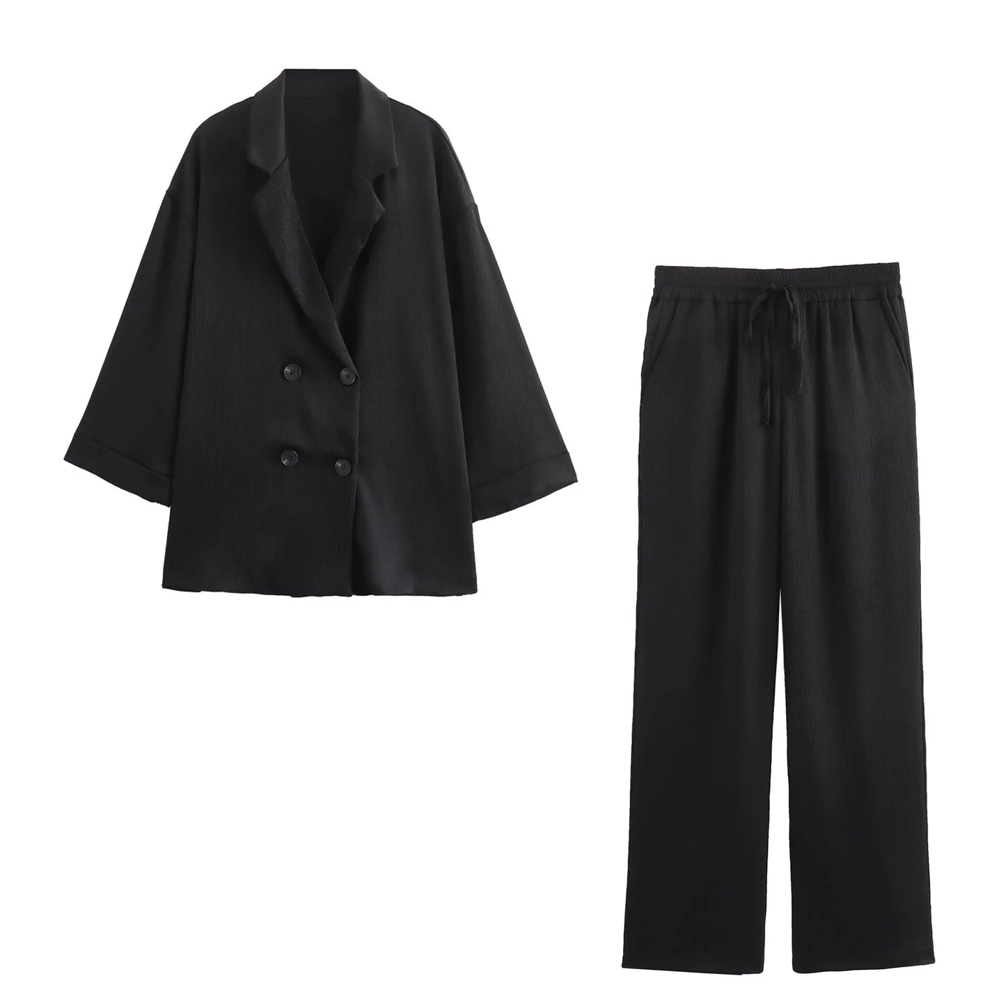 Chic 2024 Autumn Women's Double Breasted Blazer & Wide Leg Trousers Set - Perfect for Office & Casual Wear