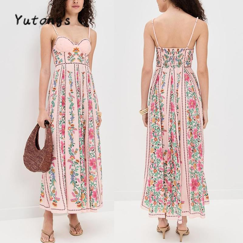 #Tiktokshopbacktoschool Women'S Summer Long Cami Dress Sleeveless Flower Print Spaghetti Strap Beach Dress