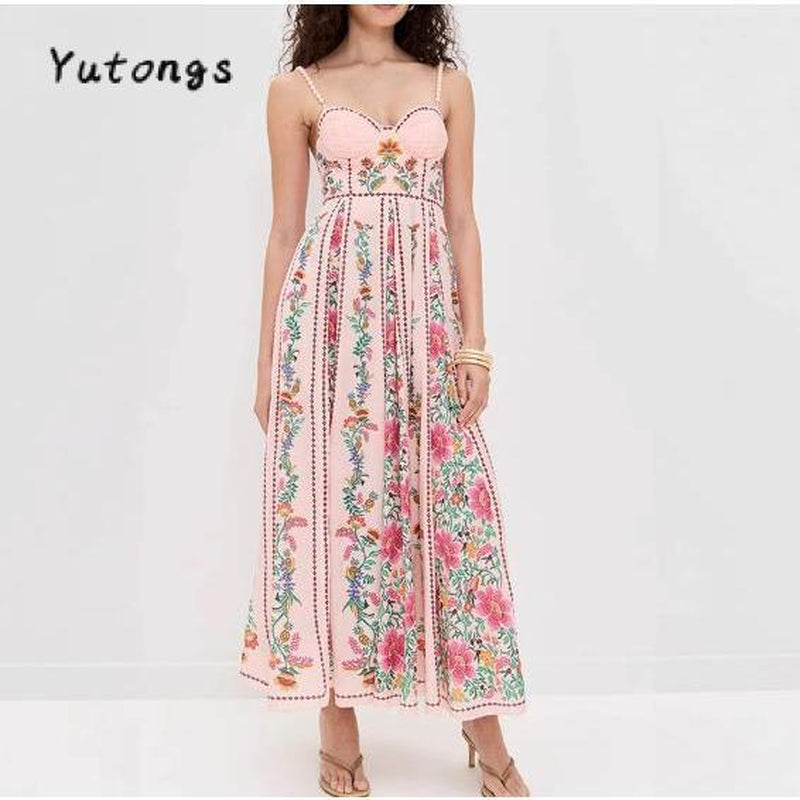 #Tiktokshopbacktoschool Women'S Summer Long Cami Dress Sleeveless Flower Print Spaghetti Strap Beach Dress