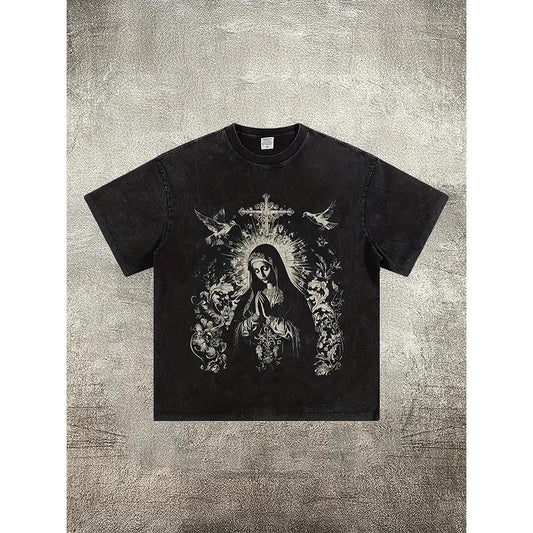 Percent Cotton Heavy Weight Washed Black Short Sleeve Religious Trendy T Shirt Virgin Mary Pattern with Cross Tee