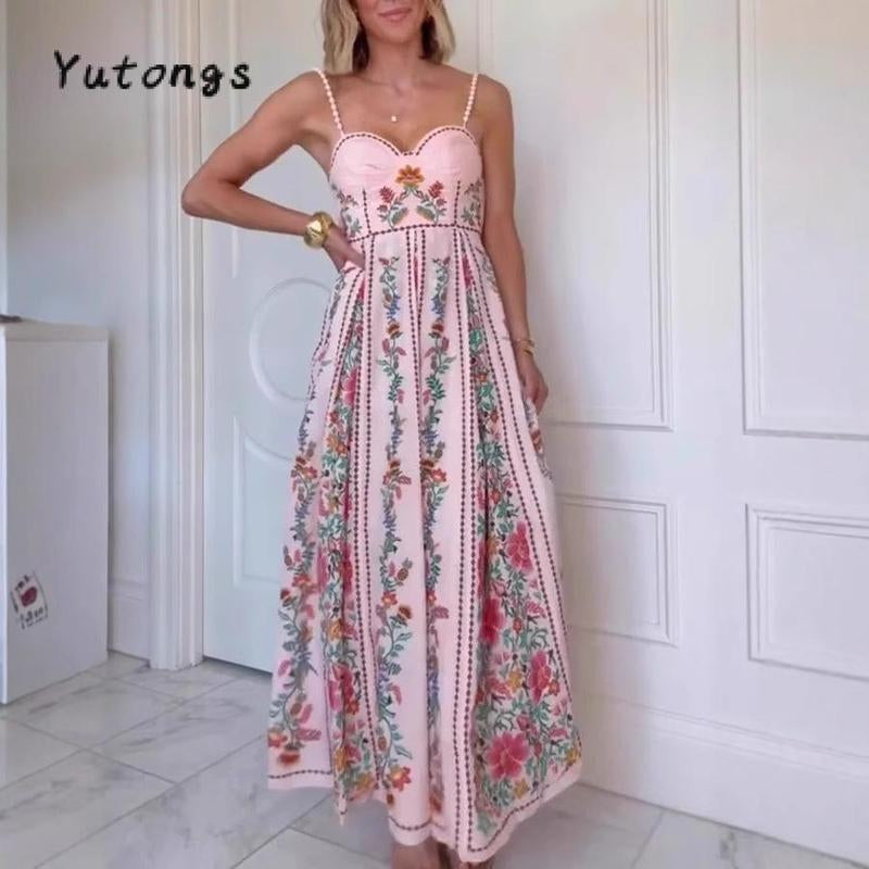 #Tiktokshopbacktoschool Women'S Summer Long Cami Dress Sleeveless Flower Print Spaghetti Strap Beach Dress