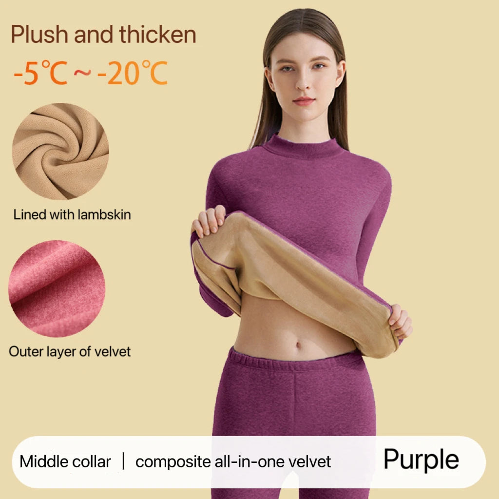 Stay Cozy and Chic this Winter with Our Ultra Thick Women's Thermal Underwear Set - Seamless Long Sleeve Bottoming with Stand Collar
