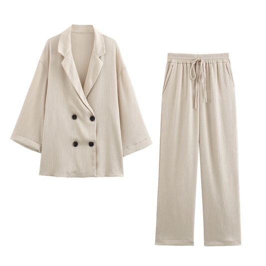 Chic 2024 Autumn Women's Double Breasted Blazer & Wide Leg Trousers Set - Perfect for Office & Casual Wear