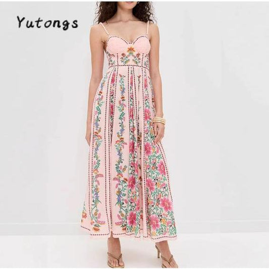 #Tiktokshopbacktoschool Women'S Summer Long Cami Dress Sleeveless Flower Print Spaghetti Strap Beach Dress